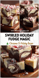 White and dark Chocolate Marble Fudge squares topped with crushed peppermint on a wooden board.